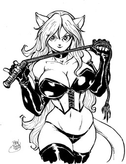 5_fingers anthro armwear big_breasts biped breasts choker clothed clothing elbow_gloves female fingerless_gloves fingers front_view gloves hair handwear holding_object holding_whip jewelry long_hair navel necklace skimpy solo whip year ben_dunn aura_(bornvictim) domestic_cat felid feline felis mammal 2013 absurd_res black_and_white hi_res monochrome signature