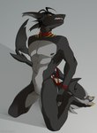 anthro black_hair featureless_crotch hair kneeling male nude solo teeth kaerufrog fish marine shark 2022 digital_media_(artwork) hi_res