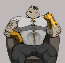 anthro big_muscles big_pecs bottomwear brown_eyes brown_hair clothing ears_up fist gloves_(marking) hair looking_down male markings muscular muscular_arms muscular_male nipple_outline pants pecs raised_fist raised_hand scar shirt sitting solo tattoo tight_bottomwear tight_clothing tight_pants tight_shirt tight_topwear topwear owy epic_games fortnite meowdas domestic_cat felid feline felis mammal hi_res