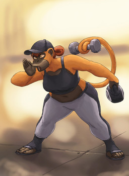 5_fingers 5_toes anthro baseball_cap belly black_nails bottomwear bra breasts clothed clothing colored_nails dumbbell exercise feet female fingers footwear fully_clothed fur hair hair_bun hat headgear headwear leggings legwear midriff nails navel orange_body orange_eyes orange_fur pants prehensile_feet prehensile_tail red_hair solo sports_bra sweatpants tail thick_thighs toeless_footwear toes underwear weightlifting weights workout redustheriotact analu_rachlyn haplorhine mammal monkey primate 2023 hi_res