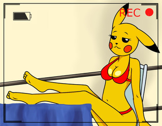 anthro anthrofied bedroom_eyes bikini breasts camera_view clothed clothing crossed_legs feet female fur half-closed_eyes hindpaw humanoid_feet looking_at_viewer narrowed_eyes parody paws plantigrade pokemorph recording seductive skimpy smile solo swimwear tight_clothing two-piece_swimsuit yellow_body yellow_fur unknown_artist nintendo pokemon generation_1_pokemon mammal pikachu pokemon_(species) rodent