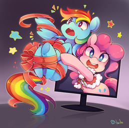blue_body blue_eyes blue_feathers bound breaking_the_fourth_wall cutie_mark duo electronics feathered_wings feathers female feral gift gift_wrapped hair holidays hooves looking_at_viewer monitor multicolored_hair multicolored_tail open_mouth pink_hair rainbow_hair rainbow_tail red_eyes ribbons surprised tail through_screen tongue underhoof wings huaineko christmas friendship_is_magic hasbro my_little_pony mythology pinkie_pie_(mlp) rainbow_dash_(mlp) earth_pony equid equine horse mammal mythological_creature mythological_equine pegasus pony 2014 hi_res icon
