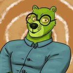 anthro blue_dress_shirt button_(fastener) cheek_tuft content eyewear facial_tuft fur glasses green_body green_fur green_inner_ear green_nose lips looking_at_viewer male multicolored_body multicolored_fur orange_background simple_background slightly_chubby slightly_chubby_anthro slightly_chubby_male smile smiling_at_viewer solo thick_bottom_lip tuft ur whisker_spots yellow_eyes skywater grizz_(greengrizz) bear mammal ursine 1:1 2024 digital_drawing_(artwork) digital_media_(artwork) half-length_portrait hi_res portrait