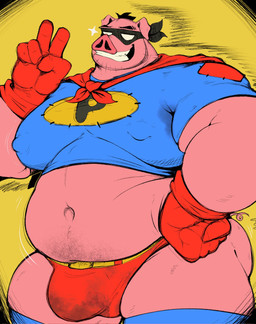 anthro barazoku blue_clothing blue_crop_top blue_legwear blue_shirt blue_thigh_highs blue_topwear body_hair bulge butt cape clothing crop_top dirty dirty_clothing eyemask eyewear gesture gloves grin hand_gesture hand_on_hip handwear happy happy_trail legwear logo_on_clothing looking_at_viewer male moobs nipple_outline overweight overweight_anthro overweight_male pink_arms pink_body pink_legs red_cape red_clothing red_underwear shirt simple_background smile solo stubble superhero sweat_stain thick_thighs thigh_highs thong topwear underwear v_sign yellow_background orcakunart domestic_pig mammal suid suine sus_(pig) hi_res