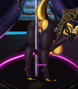 anthro beverage big_breasts bottle breast_implants breasts clothing container curtains dancing female genitals heart_nipples horn huge_breasts net_stockings nipples panties pole pole_dancing presenting presenting_vulva raised_tail solo tail underwear vulva yellow_horn reina. mythology alora_ravenclaw dragon mythological_creature mythological_scalie scalie hi_res