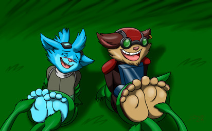 4_toes anthro barefoot blush brown_body brown_fur cheek_tuft clothed clothed_anthro clothed_male clothing duo ear_piercing ear_ring eyes_closed eyewear eyewear_on_head facial_tuft feet foot_fetish fur fur_tuft goggles goggles_on_head grass laugh male multicolored_body multicolored_fur open_mouth open_smile piercing pink_nose plant ring_piercing sitting smile soles tan_body tan_fur teeth tickle_fetish tickle_torture tickling tickling_feet toes tongue tuft two_tone_body two_tone_fur vine_bondage chaos99 league_of_legends riot_games tencent rumble_(lol) ziggs_(lol) yordle hi_res