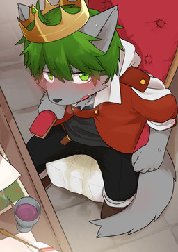 anthro black_bottomwear black_clothing black_pants blush blush_lines bodily_fluids bottomwear chair clothed clothing crown ears_back fur furniture genital_fluids green_hair grey_body grey_fur hair headgear high-angle_view inside looking_at_viewer looking_up male open_mouth pants peeing pivoted_ears sitting solo throne urine urine_on_ground urine_on_self watersports wetting satsuki_rabbit riks_(satsuki_rabbit) canid canine canis mammal wolf 2023 absurd_res hi_res