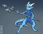 3_toes 4_fingers anthro blue_body blue_claws blue_eyes blue_horn breasts claws collar feet female fingers genitals holding_object horn jewelry long_tail melee_weapon necklace nipples non-mammal_breasts non-mammal_nipples paladin polearm pussy small_breasts solo tail toes weapon sorc alae kobold scalie