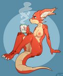 2020 anthro beverage blue_eyes breasts captaincob container countershading cozy cup exposure_variation female fluffy_ears genitals hi_res kobold nipples non-mammal_breasts nude pussy red_(captaincob) red_body relaxing scalie sitting solo