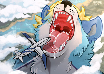 anthro blue_body bodily_fluids detailed_background fangs fur growth hair macro male mouth_shot open_mouth saliva simple_background size_difference solo teeth throat tongue uvula vore white_body kryzyasha canid canine mammal hi_res