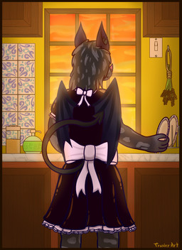 ambiguous_gender anthro backlighting border bow_ribbon cabinet clothing frilly frilly_clothing fur grey_body grey_fur hair herbs hidden_face inside kitchen latex latex_clothing light lightswitch long_hair looking_away maid_uniform orange_border plate reflection smile soap solo spoted_markings spots standing sunset uniform window wings skyslicer824 bellus_vespertilio bat demon mammal hi_res lighting shaded signature