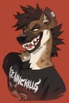 anthro band_merch clothed clothing fur hair male open_mouth purple_body purple_fur purple_hair red_background simple_background solo teeth tongue jeniak ice_nine_kills hyena mammal 2022 digital_media_(artwork) hi_res