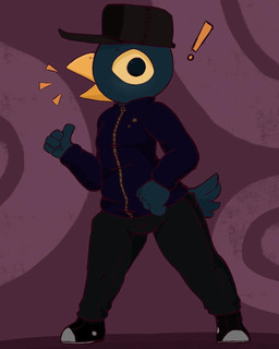 anthro beak black_bottomwear black_clothing black_eyes black_hat black_headwear black_pants bottomwear clothing exclamation_point feathers footwear gesture green_body hand_gesture happy hat headgear headwear jacket looking_at_viewer male nylon_clothing pants purple_background shoes simple_background sneakers solo tail tail_feathers thumbs_up topwear yellow_beak yellow_eyes yellow_sclera yellow_zipper salamikii night_in_the_woods germ_warfare_(nitw) avian bird 2018 4:5 hi_res