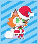 ambiguous_gender bag cheek_tuft chibi christmas_clothing christmas_headwear claws clothing facial_tuft fur green_eyes hat head_tuft headgear headwear holidays pink_inner_ear santa_hat semi-anthro smile solo toe_claws tuft white_body white_fur chettodoggo christmas fate_(series) nintendo padoru pokemon type-moon dusk_lycanroc generation_7_pokemon lycanroc pokemon_(species) hi_res