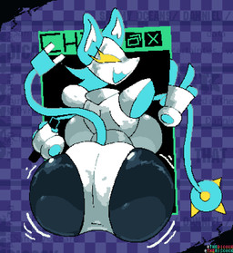 anthro armor back_boob big_breasts big_butt breasts butt eyelashes female flail floating_hands gesture hand_gesture holding_flail huge_breasts melee_weapon motion_lines open_mouth open_smile pauldron raised_tail smile solo tail text v_sign weapon yellow_eyes thedicock deltarune undertale_(series) tasque_manager darkner felid mammal robot_anthro 2026 artist_name hi_res
