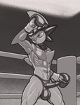 anthro ballboxing balls_outline boxing boxing_gloves bulge clothed clothing cock_sheath detailed_bulge erection erection_under_clothing fighting_ring genital_outline genitals handwear headgear leather leather_clothing leather_headgear male muscular muscular_male penis solo sport thong underwear dcheese nintendo pokemon gallade generation_4_pokemon pokemon_(species) 2023 digital_media_(artwork) hi_res monochrome