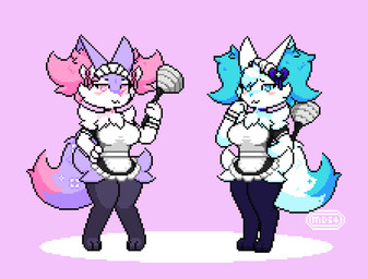 alternate_color clothed clothing duo female maid_uniform pink_background simple_background uniform megadriver64 nintendo pokemon cyan(megadriver64) maaya(megadriver64) braixen generation_6_pokemon pokemon_(species) animated digital_media_(artwork) pixel_(artwork) pixel_animation