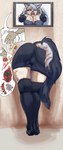 angry anthro big_breasts big_butt black_body black_bottomwear black_clothing black_fur black_gloves black_handwear black_legwear black_shorts black_thigh_highs black_topwear bottomwear breasts butt cheek_tuft cleavage clothed clothing eyelashes facial_tuft female fingerless_gloves fur gesture gloves grey_body grey_fur grey_hair grey_nose hair hand_gesture handwear legwear middle_finger notched_ear open_mouth pink_eyes rear_view red_sclera screen shorts solo speech_bubble stuck thick_thighs thigh_highs through_wall topwear tuft white_body white_fur wide_hips hatihati helluva_boss mythology loona_(helluva_boss) canid canid_demon canine demon hellhound mammal mythological_canine mythological_creature absurd_res hi_res