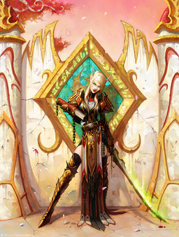 belt blonde_hair book breasts chain clothing female front_view hair holding_book holding_melee_weapon holding_object holding_sword holding_weapon humanoid_pointy_ears markings melee_weapon mole_(marking) not_furry paladin pointy_ears red_clothing smile solo standing sword weapon wei_wang blizzard_entertainment warcraft blood_elf elf humanoid 2006 hi_res official_art