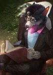 anthro armchair beverage black_body black_fur book bubble chair clothed clothing coffee coffee_cup container crossed_legs cup day detailed_background detailed_fur dust eyewear foam front_view fully_clothed fur furniture glasses high-angle_view holding_beverage holding_book holding_container holding_cup holding_object leaf male neck_tuft on_armchair on_chair outside particles pink_body pink_fur pink_nose raised_leg reading sitting smile solo tuft whiskers white_body white_fur conditional_dnp latex_(artist) add_(character) canid canine canis domestic_dog husky mammal nordic_sled_dog spitz 2020 detailed digital_media_(artwork) digital_painting_(artwork) hi_res