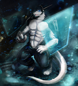 abs anthro biceps big_muscles black_body black_fur blue_eyes bottomwear clothed clothing fur male muscular muscular_anthro muscular_male open_mouth pants pecs science_fiction sea solo tail topless visor water white_body white_fur fd-caro discordnight mammal sergal 2015 hi_res
