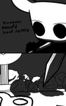 2_horns 2_panel_comic ambiguous_gender black_body black_eyes black_text drawing_(object) eyebrows holding_object holding_pen horn paper pen shadow solo sound_effects text white_head skeletorskeletonized hollow_knight team_cherry the_knight_(hollow_knight) vessel_(species) 2020 5:8 comic digital_media_(artwork) english_text hi_res monochrome nonbinary_(lore)