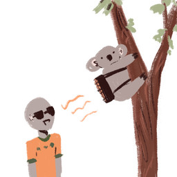 ambiguous_gender climbing climbing_tree clothed clothing dot_eyes duo eyewear feral fur grey_body grey_ears grey_fur humor looking_at_viewer plant simple_background simple_eyes space_heater sunglasses topwear tree white_background yellow_clothing yellow_topwear potes_(stealingpotatoes) human koala mammal marsupial vombatiform 1:1 2026 hi_res sketch