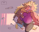 anthro apartment big_breasts blonde_hair bodily_fluids bottomwear breasts brown_body brown_fur clothing duo_focus female fur group hair hug hugging_another leather leather_bottomwear leather_clothing leather_pants looking_at_viewer looking_away male markings pants pink_nose scratch_mark selfie spots spotted_body spotted_fur sweat sweatdrop teeth_showing errokioslem isabelle_(notanumber) oscar_(notanumber) canid canine canis domestic_dog mammal hi_res brother_(lore) brother_and_sister_(lore) sibling_(lore) sister_(lore)