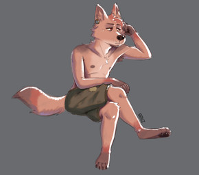 anthro bottomwear brown_body brown_fur brown_nose claws clothed clothing ear_piercing fur gauged_ear male male_anthro nipples pants pawpads paws piercing ragged_clothing red_body red_eyes red_fur sad serious sitting slim solo tan_body tan_fur thinking toe_claws topless topless_anthro topless_male spyz_(artist) dust_(spyz) canid canine canis coyote mammal 2025 hi_res shaded soft_shading