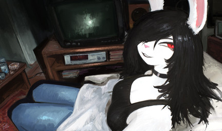 anthro black_hair breasts choker cleavage clothed clothed_anthro clothed_female clothing electronics female female_anthro fur furniture hair hair_over_eye jewelry long_ears long_hair looking_at_viewer necklace pink_nose red_eyes shadow shirt sitting sofa solo tank_top television topwear white_body white_fur tomtc lagomorph leporid mammal rabbit 2026 absurd_res dated digital_media_(artwork) hi_res signature
