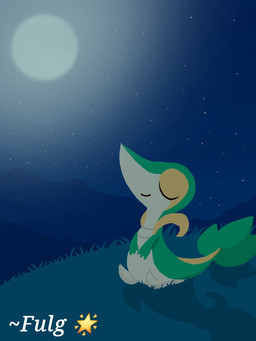 3_fingers ambiguous_gender eyes_closed feral fingers grass green_body green_skin green_tail light long_tail moon moonlight night plant sitting sitting_on_ground sky solo star starry_sky tail text fulgito_ast nintendo pokemon generation_5_pokemon pokemon_(species) snivy 2025 3:4 artist_name