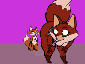 anthro bent_over bottomless breasts brown_eyes butt cheek_tuft clothed clothing countershading dipstick_tail duo facial_tuft female female/female fur genitals glistening glistening_eyes in_awe inviting kerchief kerchief_only looking_at_partner's_butt markings mostly_nude neckerchief neckerchief_only neckwear nipples open_clothing open_topwear open_vest orange_body orange_fur pink_nipples presenting presenting_hindquarters presenting_to_partner puckered_lips purple_background purple_clothing purple_kerchief purple_neckerchief purple_topwear purple_vest raised_tail red_body red_fur simple_background tail tail_markings text topwear topwear_only tuft vest vest_only vulva white_body white_countershading white_tail_tip soggy_illustrations mating_season_(series) jordan_(mating_season) penelope_(mating_season) canid canine fox mammal red_fox true_fox 2026 4:3 artist_name colored digital_drawing_(artwork) digital_media_(artwork) hi_res watermark