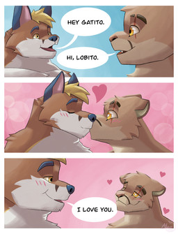 anthro dialogue heart_eyes heart_symbol hearts_around_head holidays kiss_on_lips kissing love male male/male romantic romantic_couple alikei_(artist) valentine's_day grizzly_mathew_(character) ricius_teck canid canine cougar felid feline fox mammal 2026 comic cover cover_art cover_page hi_res