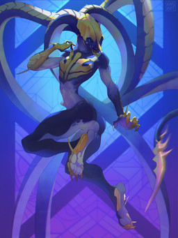 anthro armor athletic athletic_anthro big_tail feet female flexible genitals headgear helmet huge_tail long_tail open_mouth purple_body slim small_waist solo tail tentacles vulva ansart khanivore 3:4 absurd_res hi_res