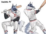 alternate_universe alternative_fashion anthro baseball_bat baseball_cap baseball_uniform bat_(object) bottomwear cheek_tuft clothing covered_eyes facial_markings facial_tuft fluffy fluffy_tail fur fuzzy gloves grey_body grey_fur handwear hat head_markings headgear headwear holding_object male markings mask_(marking) multiple_poses neck_tuft pants pointy_ears pose prick_ears shirt simple_background sitting smile solo sportswear standing tail teeth text topwear tuft uniform white_background white_clothing hakiku17 dreamworks puss_in_boots_(franchise) death_(puss_in_boots) canid canine canis mammal wolf hi_res