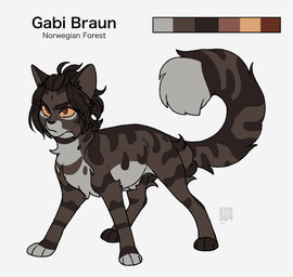 ambiguous_gender brown_body brown_fur brown_hair brown_markings feral feral_with_hair feralized fluffy fur hair long_tail markings quadruped red_eyes simple_background solo tail text white_background white_body white_fur yellow_sclera young silveyytm attack_on_titan gabi_braun domestic_cat felid feline felis mammal norwegian_forest_cat 2019 english_text female_(lore)