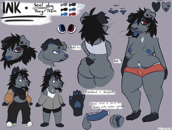 5_fingers anthro balls black_hair bodily_fluids bottom_growth bottomwear breasts butt chest_binder claws clitoris clothed clothing cum disembodied_penis disembodied_vulva dripping erection female fingers floppy_ears fur genital_fluids genitals grey_body gynomorph hair heterochromia intersex jacket looking_at_viewer male markings membrane_(anatomy) multiple_genders nipples nude oversized_clothing overweight pawpads penis precum precum_drip short_tail shorts simple_background smile solo spots star_(marking) tail text tongue topwear underwear vulva webbed_hands whiskers wide_hips inkslushee ink_(inkslushee) aquatic canid canine canis domestic_dog hybrid mammal pinniped seal digital_media_(artwork) english_text hi_res model_sheet nonbinary_(lore) trans_(lore)