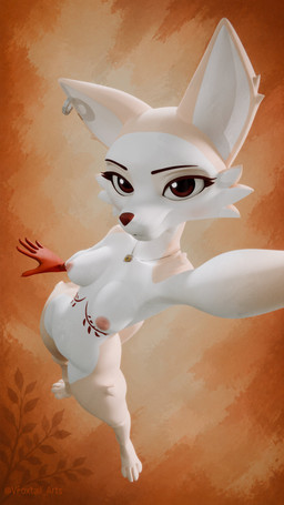 anthro areola breasts brown_eyes collarbone ear_piercing ear_ring eyebrows eyelashes feet female jewelry necklace nipples nude piercing ring_piercing solo tan_body text white_body foxdee_foxtail fany_(foxdee) canid canine fox mammal 2026 4k 9:16 absurd_res english_text hi_res