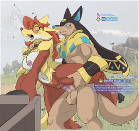 anthro anthro_on_anthro anthro_penetrated anthro_penetrating anthro_penetrating_anthro balls big_breasts big_penis breasts brown_body brown_fur collar duo erection eyewear eyewear_only female female_anthro female_penetrated from_behind_position fur genitals glasses glasses_only humanoid_genitalia humanoid_penis interspecies jewelry level_number male male/female male_penetrating male_penetrating_female multicolored_body multicolored_fur necklace nipples nude palmorph penetration penile penile_penetration penis penis_in_vagina pink_nipples pokemorph red_body red_fur sex sound_effects standing standing_sex text vaginal vaginal_penetration vulva wearing_glasses white_body white_fur yellow_body yellow_fur zerofox1000 nintendo palworld pocketpair pokemon maya_del_phox anubian_jackal anubis_(pal) canid canine canis delphox fox generation_6_pokemon generation_9_pokemon jackal mammal pal_(species) pokemon_(species) 2026 crossover digital_drawing_(artwork) digital_media_(artwork) english_text hi_res