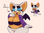 anthro belly big_breasts bottomwear breasts cleavage clothed clothing denim denim_bottomwear denim_clothing female green_eyes jacket jeans looking_at_viewer overweight pants slightly_chubby solo topwear white_bottomwear white_clothing white_jeans white_pants wings choobsters sega sonic_the_hedgehog_(series) the_murder_of_sonic_the_hedgehog rouge_the_bat bat mammal absurd_res hi_res redraw