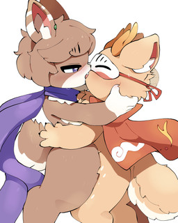 4_fingers ambiguous/ambiguous ambiguous_gender anthro anthro_on_anthro antlers black_claws blue_eyes blue_scarf blush blush_lines bodily_fluids brown_body brown_ears brown_fur brown_hair claws clothed clothing coat countershade_face countershade_fur countershade_tail countershading duo ear_piercing ear_ring finger_claws fingers fur gloves_(marking) hair horn humanoid_hands inner_ear_fluff kemono kiss_on_lips kissing looking_at_another looking_at_partner markings mask monotone_hair mostly_nude mostly_nude_anthro multicolored_body multicolored_fur open_mouth piercing pink_inner_ear pupils red_clothing red_coat red_topwear ring_piercing scarf scarf_only short_hair side_view simple_background spots standing sweat sweatdrop tail tongue tongue_out topwear tuft two_tone_body two_tone_fur white_background white_body white_countershading white_ears white_fur white_inner_ear_fluff white_spots abyss_creature_(artist) asian_mythology chinese_mythology east_asian_mythology fabulous_beasts mythology sibuxiang_the_deer_(fabulous_beasts) tuye_(fabulous_beasts) deer lagomorph leporid mammal moon_rabbit rabbit 2026 absurd_res colored digital_media_(artwork) hi_res shaded simple_shading male_(lore)