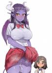 big_breasts blush bodily_fluids bottomwear breasts brown_hair clothed clothing clothing_lift duo female female/female genital_fluids genitals hair heart_eyes heart_symbol horn long_hair looking_at_viewer no_underwear not_furry notebook pen purple_body purple_hair purple_skin pussy red_bottomwear red_bow red_clothing red_eyes red_skirt shirt simple_background skirt skirt_lift smile topwear vaginal_fluids white_background white_clothing white_shirt white_topwear wings mizo_ne demon human humanoid mammal 2017 absurd_res hi_res