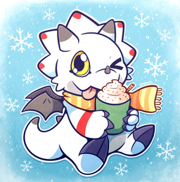 anthro beverage candy chocolate claws dessert food horn hot_chocolate male one_eye_closed scarf solo tail tongue tongue_out white_body wings wink yellow_eyes emeowth bandai_namco digimon digimon_(species) gammamon hi_res