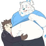 anthro bandage bandage_on_face belly belly_worship blush brown_body brown_fur clothed clothing clothing_lift duo fur hug male navel necktie obese overweight shirt shirt_lift suit topwear white_body white_fur nikukyu299paw lifewonders live_a_hero dog_operator protagonist_(live_a_hero) yohack canid canine canis domestic_dog mammal nordic_sled_dog samoyed spitz hi_res