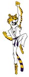 action_pose anthro barefoot black_body black_fur bottomwear clothing feet fur karate_outfit male markings open_mouth orange_body orange_fur pants pose sash sharp_teeth shirt simple_background striped_markings stripes teeth teeth_showing tongue_showing topwear white_background white_bottomwear white_clothing white_pants white_shirt white_topwear yellow_body yellow_fur ayato felid mammal pantherine tiger hi_res