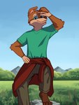 bottomwear brown_body clothing countershading grass hiking jacket_around_waist male pants plant shirt solo t-shirt teal_eyes topwear lorcat canid canine canis domestic_dog mammal 3:4 absurd_res hi_res