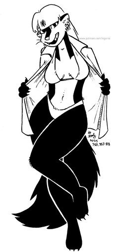 anthro bikini breasts clothed clothed_female clothing ear_piercing ear_ring female flashing fur hair midriff navel piercing ring_piercing solo swimwear tail two-piece_swimsuit whiskers tegerio zandar's_saga kelly_o'dor mammal mephitid skunk 2025 black_and_white hi_res monochrome