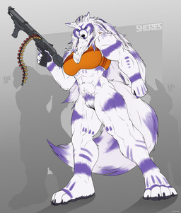 5_fingers anthro biped breasts clothed clothing female fingers fur genitals gun holding_gun holding_object holding_ranged_weapon holding_weapon muscular muscular_anthro muscular_female ranged_weapon solo tail vulva weapon corrsk sheres canid canine canis mammal wolf hi_res