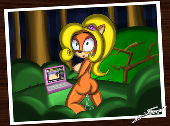 anthro big_breasts bodily_fluids breasts butt computer electronics female forest genital_fluids genitals humanoid_genitalia humanoid_vulva kneeling laptop looking_at_porn looking_back masturbation nipples nude photo pip_focus plant pornography rear_view shocked solo tree vaginal_fluids vulva shadowthespirit activision crash_bandicoot_(series) coco_bandicoot bandicoot mammal marsupial hi_res picture_in_picture