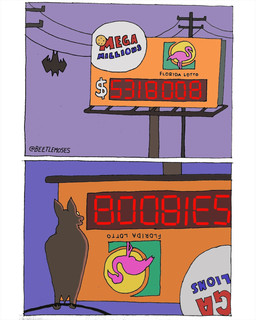 ambiguous_gender billboard feral hanging_by_feet humor number open_mouth pole smile solo upside_down wings wire beetlemoses bat mammal 4:5 comic hi_res